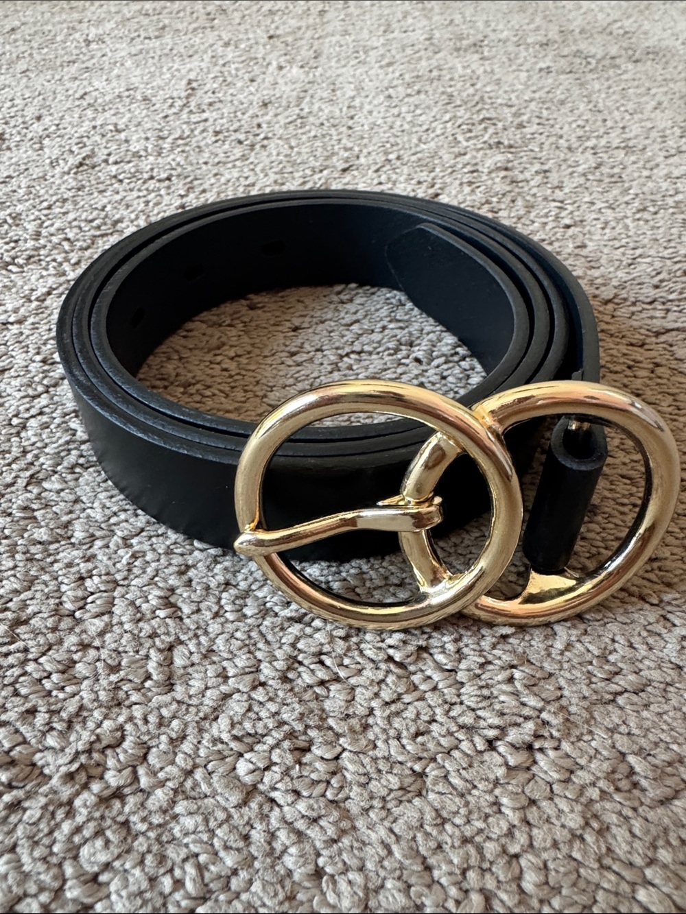 Black Leather Double-Ring Belt with Gold Buckle